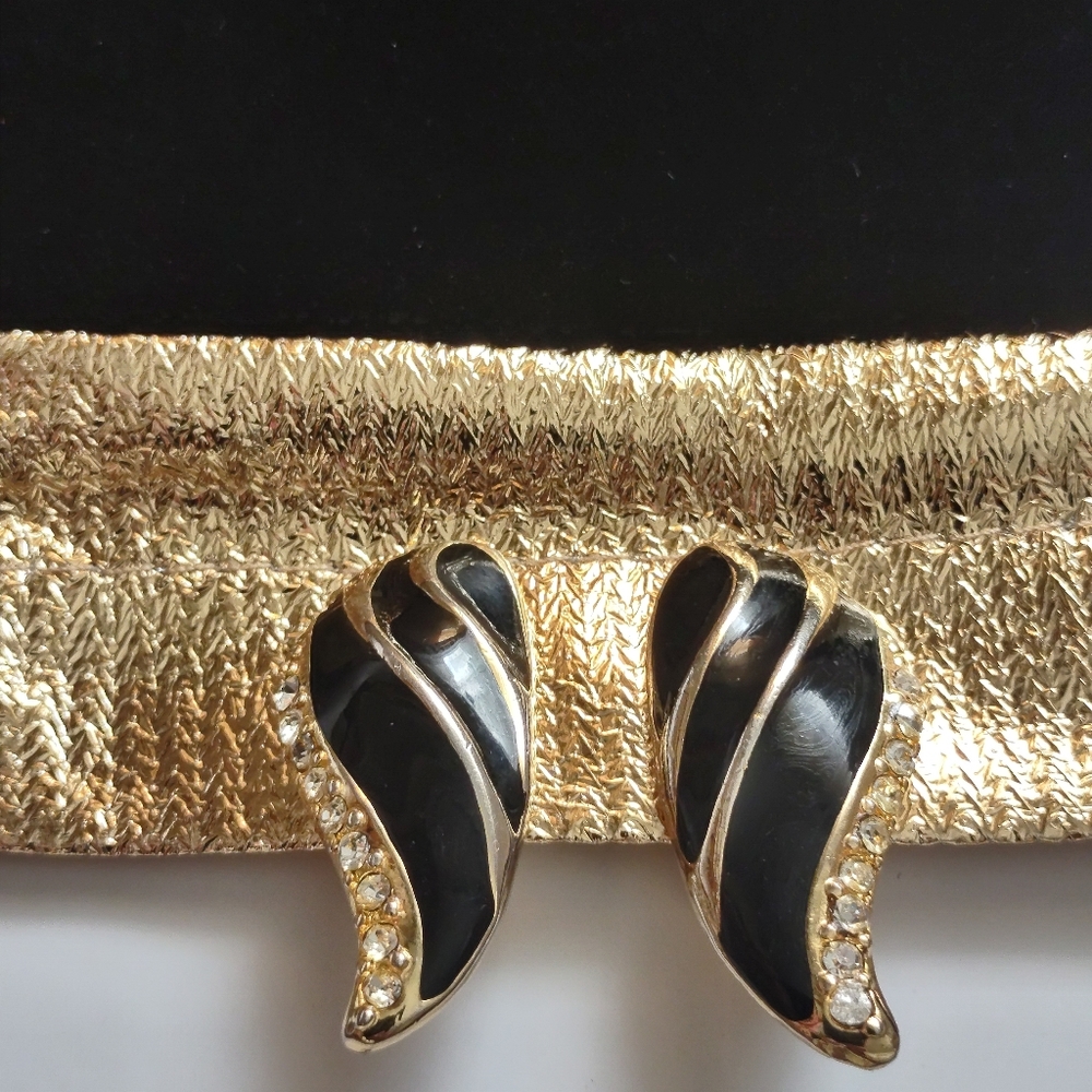 Clip on Earrings Gold tone w/Black Enamel and Clear Rhinestones